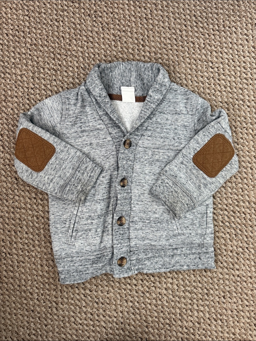 H&M Gray Knit Shawl Collar Sweater with Brown Elbow Patches 12-18 Months
